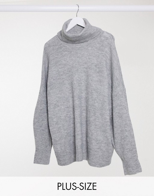 New Look Curve longline volume sleeve slouchy roll neck jumper in grey