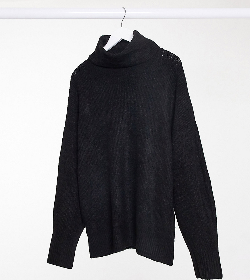 New Look Curve longline volume sleeve slouchy roll-neck sweater in gray-Black