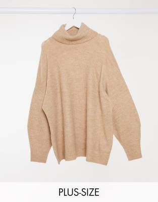 New Look Curve Longline Volume Sleeve Slouchy Turtle Neck Sweater In Camel Parfaire