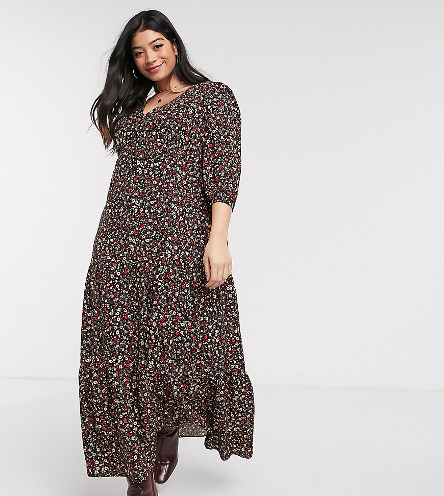 New Look Curve maxi smock dress in black ditsy floral