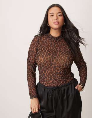 New Look Plus New Look Curve mesh high neck top in leopard print-Brown