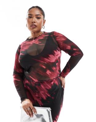 New Look Plus New Look Curve mesh long sleeve top in red pattern