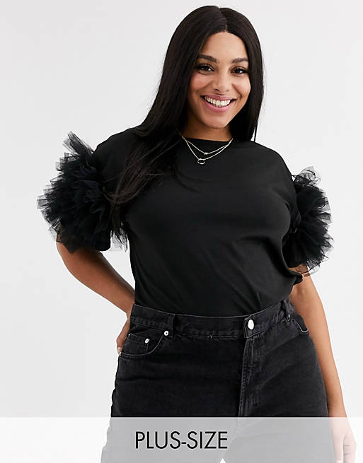 New Look Curve mesh puff sleeve t-shirt in black | ASOS