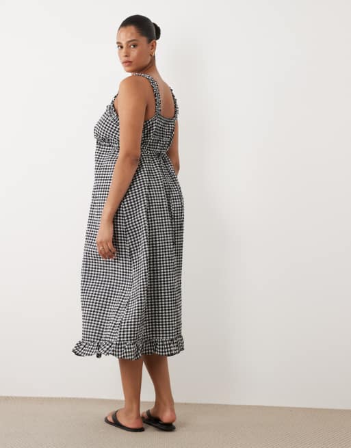 New Look Curve - Midi-jurk met pofmouwen en gingham ruit in zwart, 4 van 4