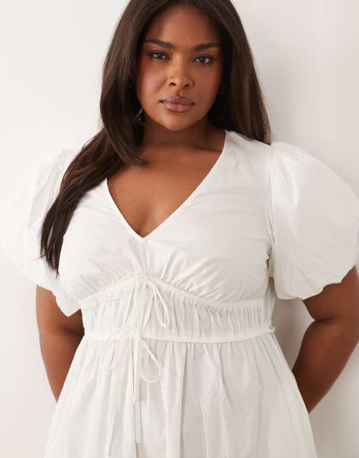 New Look Curve - Midi jurk met pofmouwen in wit, 2 van 4