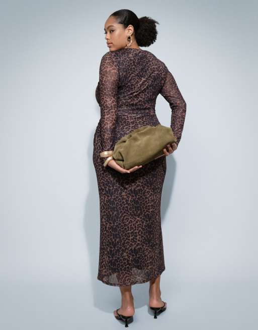 New Look Curve midi-kjole i mesh med rynkedetaljer og brun leopardprint, 4 af 8