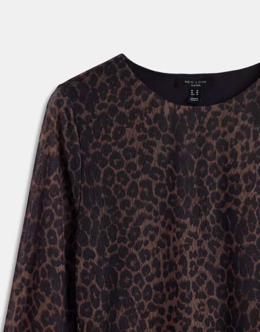 New Look Curve midi-kjole i mesh med rynkedetaljer og brun leopardprint, 8 af 8