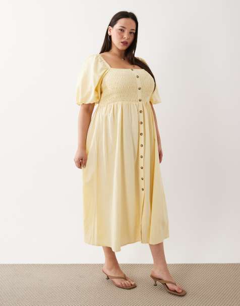 New Look Curve - Midi melkmeisjesjurk met knopen in geel - view 1