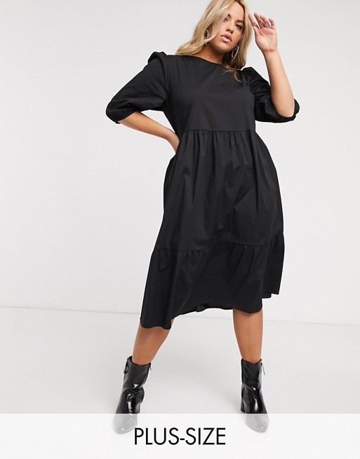 New Look Curve midi poplin smock dress with puff sleeves in black