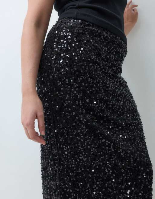New Look Curve midi rok met lovertjes in zwart, 2 van 5