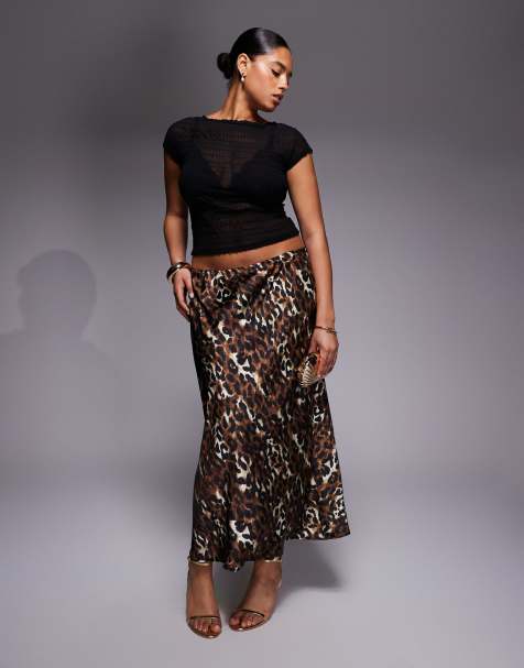 New Look Curve - Midi rok van satijn met luipaardprint in bruin - view 1