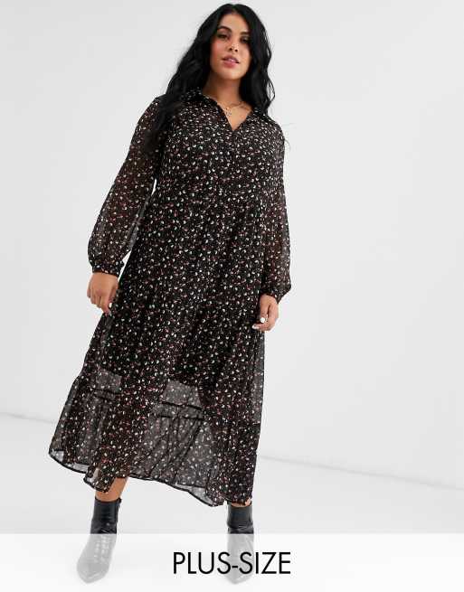 New Look Curve - midi-skjortekjole i sort mønster med knapper