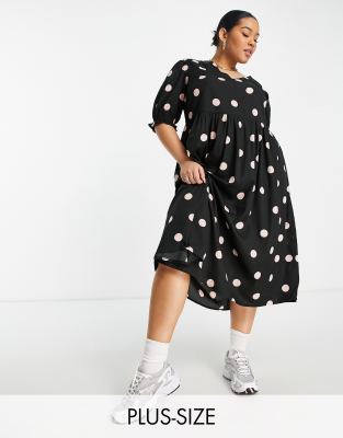 New Look Curve midi smock dress in black polka dot