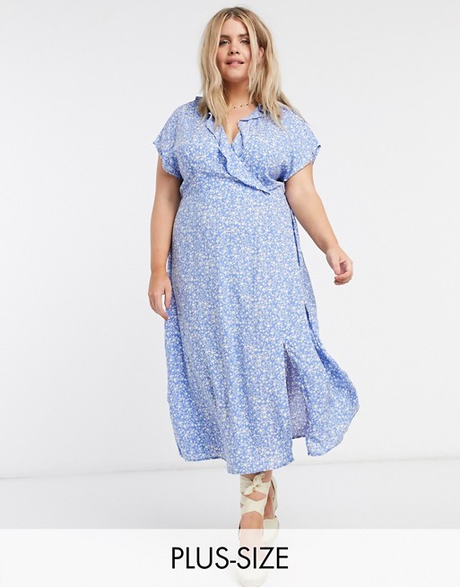 New Look Curve midi wrap dress in blue ditsy floral