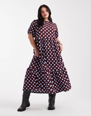 New Look Curve - Midikleid in Burgunderrot mit Polka Dots, Knitterstruktur und Rückenschleife
