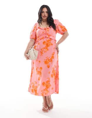 New Look Curve - Midikleid in Rosa mit Blumenmuster, Rüschen und Milchmädchen-Dekolleté