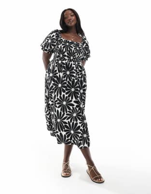New Look Curve - Milchmädchen-Midikleid in Schwarz geblümt mit Puffärmeln-Weiß