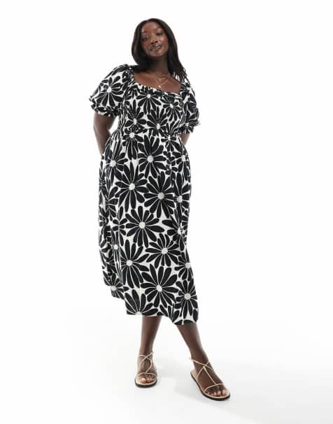New Look Curve - Milkmaid-midikjole med pufærmer og sort blomsterprint - view 1