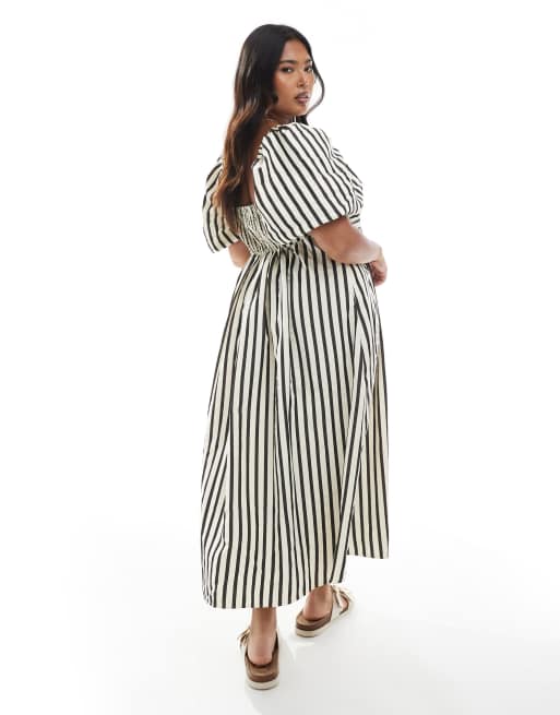 New Look Curve – Milkmaid-Midikleid in gestreiftem Cremeweiß mit Puffärmeln, 3 von 4