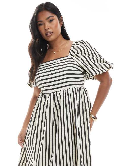 New Look Curve – Milkmaid-Midikleid in gestreiftem Cremeweiß mit Puffärmeln, 4 von 4
