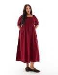 [New Look Plus] New Look Curve milkmaid puff sleeve midi dress in burgundy-Red 22 65-Light Burgundy