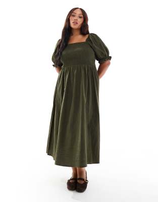 New Look Plus New Look Curve milkmaid puff sleeve midi dress in khaki-Green