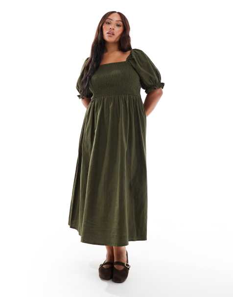 New Look Curve milkmaid puff sleeve midi dress in khaki - view 1