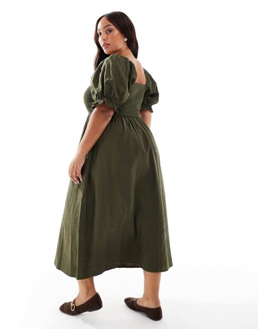 New Look Curve milkmaid puff sleeve midi dress in khaki, 3 of 4