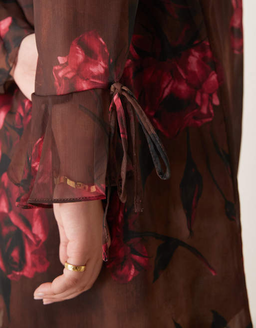 New Look Curve - Mini jurk met ruches in bruine bloemenprint, 4 van 4