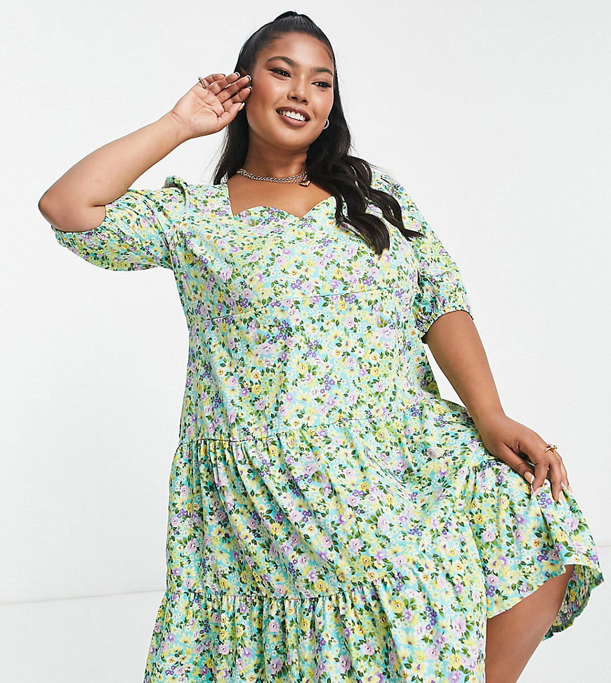 New Look Plus New Look Curve Mini Smock Dress With Puff Sleeves In Green Floral