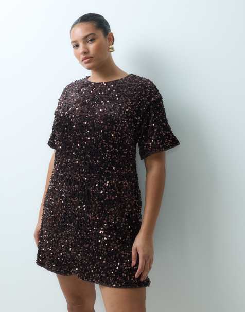 New Look Curve mini T-shirtjurk met lovertjes in bruin - view 1