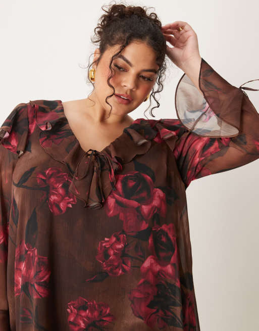 New Look Curve – Minikleid in Braun mit Rüschen und Blumenmuster, 3 von 4