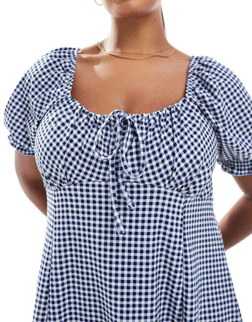 New Look Curve – Minikleid mit Vichy-Karomuster in Marineblau im Milchmädchen-Stil, 3 von 4
