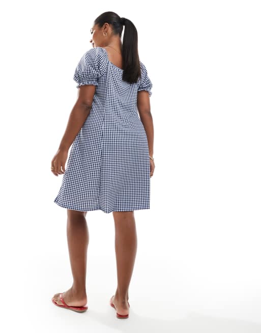 New Look Curve – Minikleid mit Vichy-Karomuster in Marineblau im Milchmädchen-Stil, 4 von 4