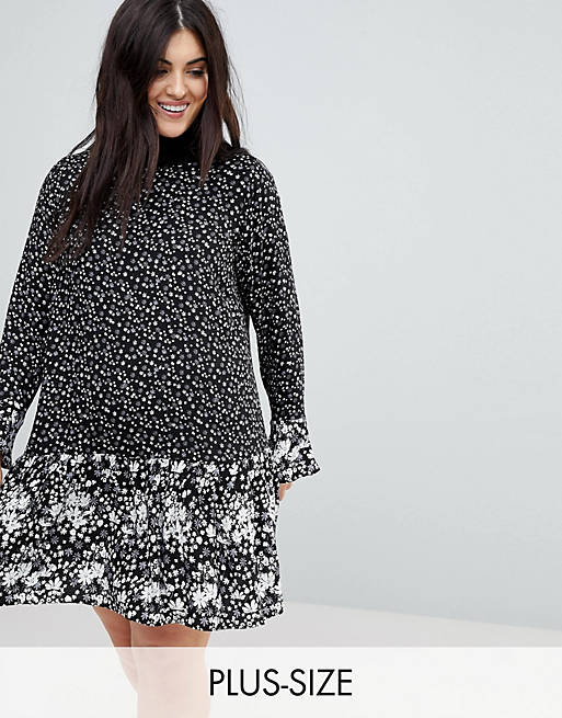 New Look Curve mono mix floral print frill sleeve dress in black pattern
