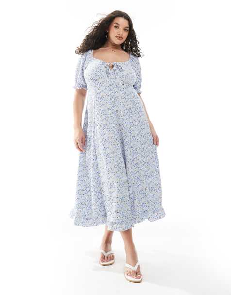 New Look Curve – Niebieska marszczona sukienka milkmaid midi w kwiatowy wzór - view 1