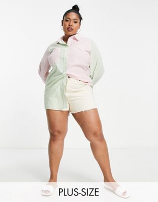 New Look Curve oversized colourblock shirt in green and pink