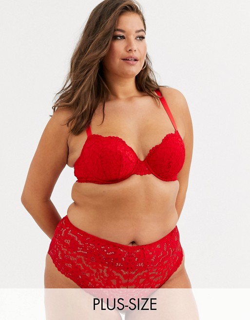 New Look Curve pansy lace natural plunge bra in bright red