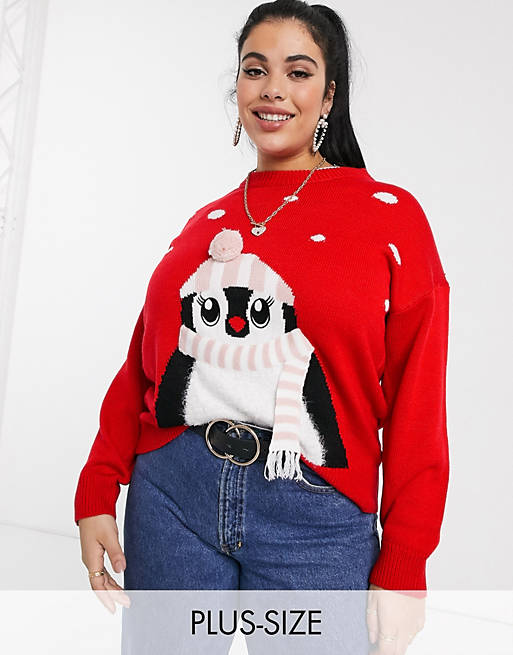 New Look Curve Penguin Christmas Jumper in Red