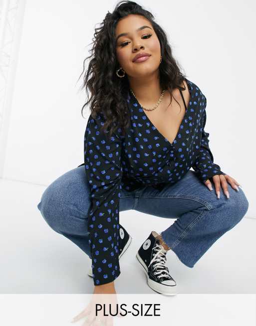 New Look Curve - Peplum-bluse i sort blomstermønster