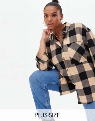 New Look Curve plaid oversized shirt in black