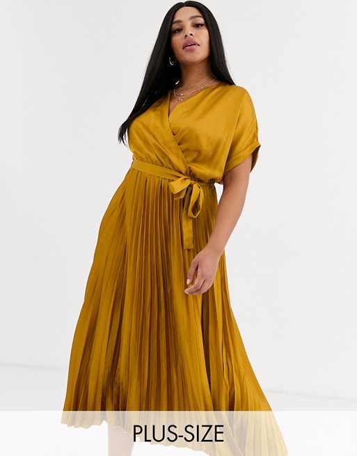 New Look Curve pleated satin dress in mustard