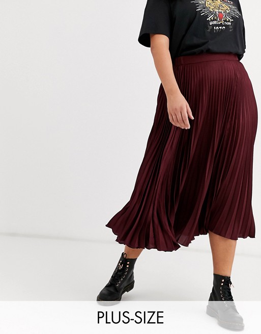 New Look Curve pleated satin midi skirt in burgundy
