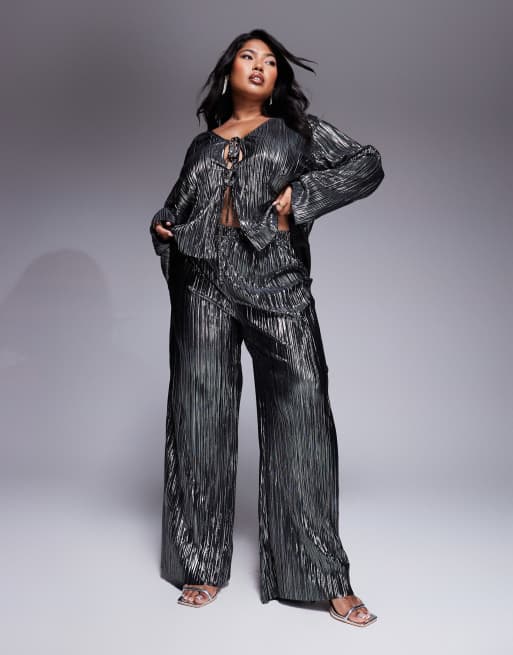 New Look Curve - Plissé broek met wijde pijpen in metallic tin