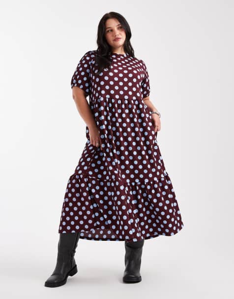 New Look Curve polka dot crinkle bow back midi dress in burgundy - BURGUNDY - view 1