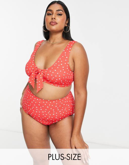 New Look Curve polka dot tie front bikini top in red