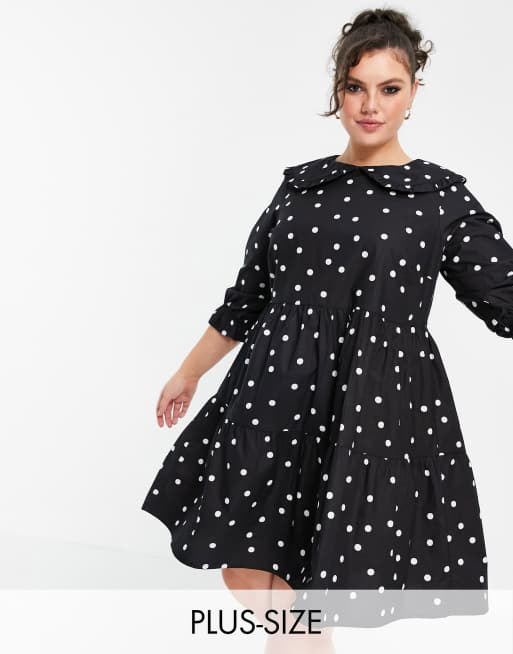 New Look Curve – Popelinowa sukienka mini w stylu babydoll z kołnierzem z falbanką i wzorem w groszki