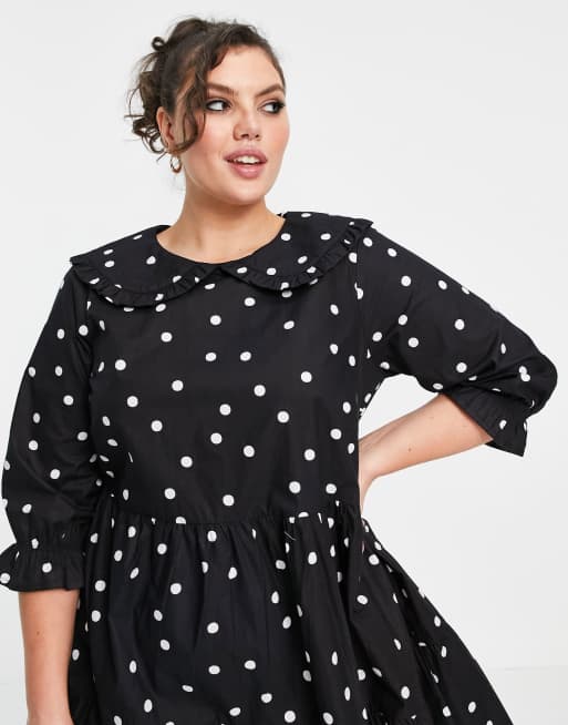 New Look Curve poplin frill collar babydoll mini dress in polka dot, 3 of 4