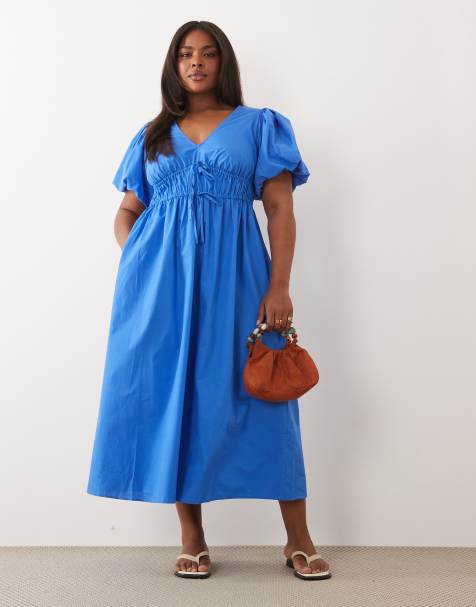 New Look Curve puff sleeve midi dress in bright blue - view 1
