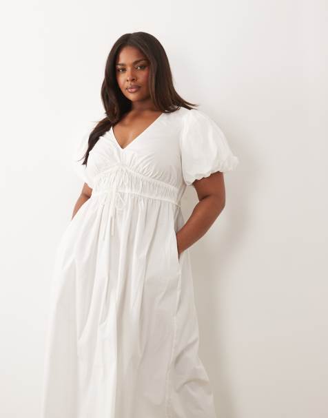 New Look Curve puff sleeve midi dress in white - view 1